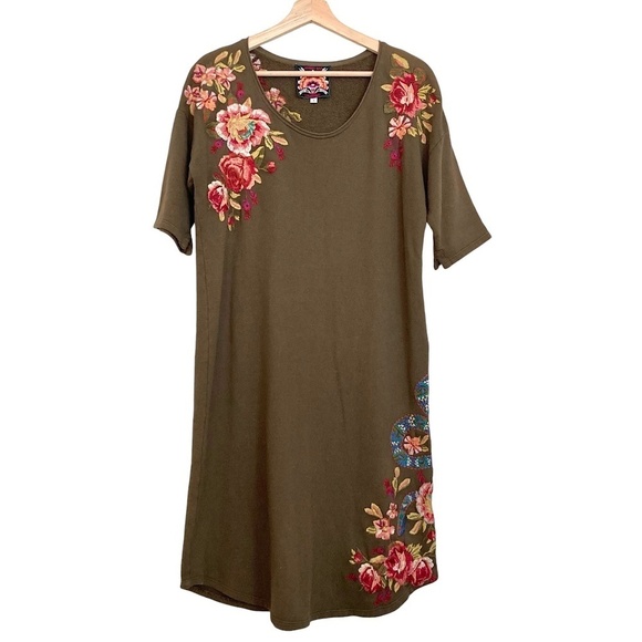 JOHNNY WAS Malui Floral Embroidered French Terry Sweatshirt Tunic Dress Brown - Picture 1 of 10